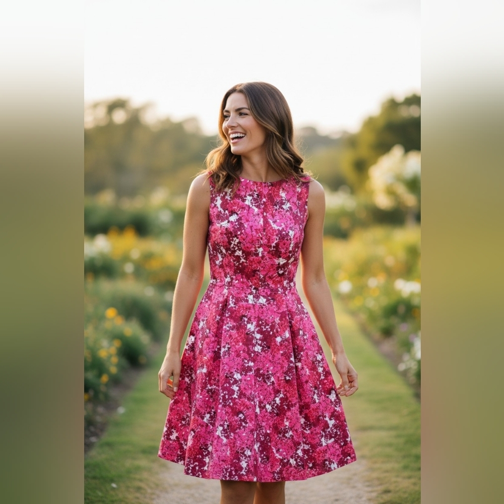 Maggy London Vibrant Pink Floral Midi Dress Size 4 Sleeveless Flare